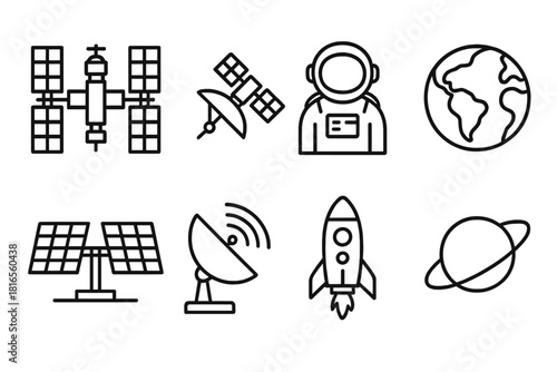 Orbital Station Icons. Orbital Station linear icon set. space station, satellite, astronaut, Earth globe, solar panels, antenna dish, rocket, orbit ring.