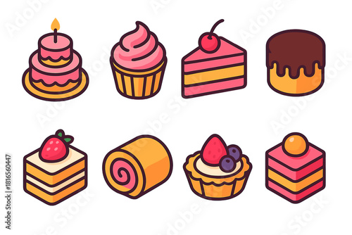 Isometric Cake Icons. Decorative Cakes Icons flat icon set: tiered cake, cupcake swirl, slice with cherry, chocolate drizzle cake, strawberry shortcake, sponge roll, fruit tart