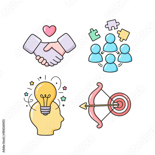 Cute candy-colored business and personal development icons: handshake, teamwork, creative idea head, and archery target with arrow illustration.