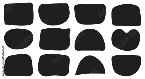 Abstract irregular round shapes and organic liquid blobs with soft oval patterns, wavy doodle curves, bubble elements, colourful splodge stains, geometric frames, minimal cute retro textures, trendy