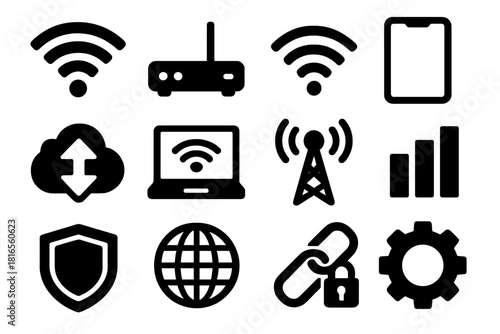 Brutalist Network Icons. Wireless Networking silhouette icon set. Wi-Fi symbol, router device, signal waves, smartphone icon, cloud connection, laptop screen, antenna tower, data