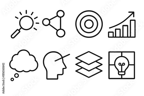 Icons of Knowledge Expansion. Knowledge themes linear icon set: discovery flare, connected dots, expanding circle, growth arrow, thought cloud, clarity beam, layered ideas, insight