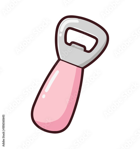 Cute candy-colored pink bottle opener icon with metallic top for beverages, drinks, and kitchen utilities illustration.