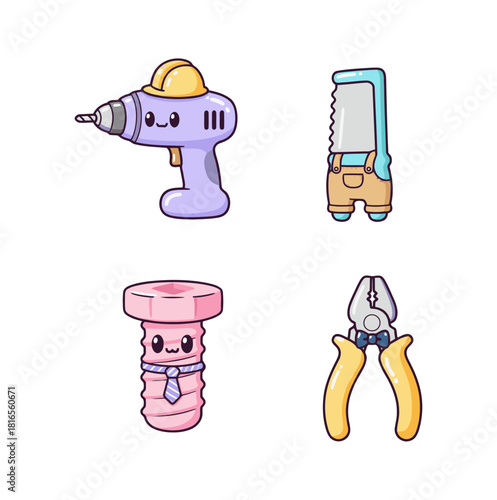 Cute candy-colored construction and handyman tools icons set including drill, hand saw, screw, and pliers on white background.