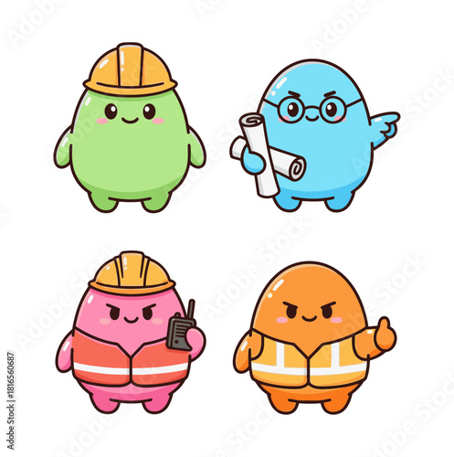 Set of cute candy-colored construction and engineering worker mascot characters icons wearing safety gear and uniforms on white background.