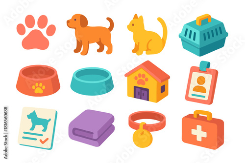 Pet Rescue Icons. Pet rescue center flat icon set: paw print, dog, cat, pet carrier, food bowl, water dish, shelter building, volunteer badge, adoption form, blanket, collar tag