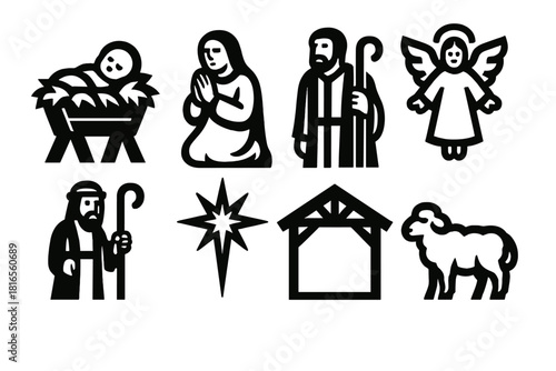 Brutalist Nativity Icons. Classic Nativity Elements silhouette icon set. baby Jesus in manger, Mary, Joseph, stable shelter, guiding star, angel above, shepherd with staff, sheep