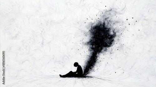 A dark silhouette of a person sitting on a white surface, with a large plume of black, wispy smoke or ink erupting from their back and spreading upwards and out