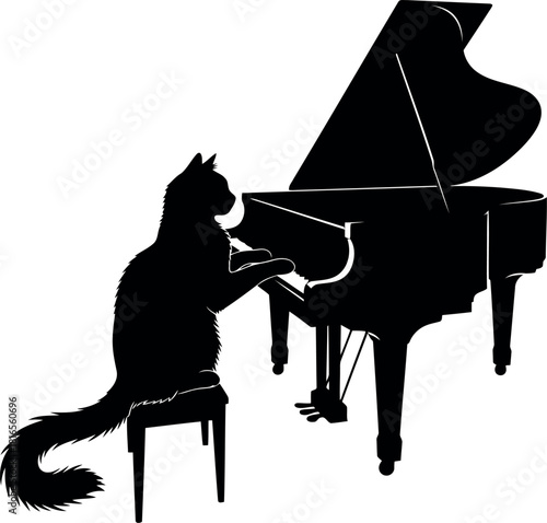 Black cat playing grand piano silhouette