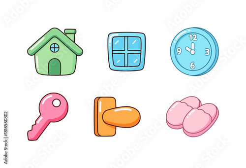 Set of cute candy-colored home and security icons: house, window, wall clock, key, doorknob, and pink slippers on white background.