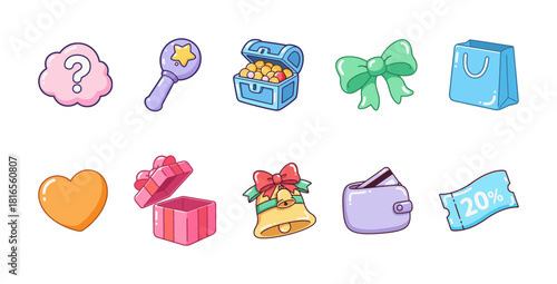 Set of adorable candy-colored e-commerce and retail icons including a treasure chest, shopping bag, gift box, wallet, and discount coupon.