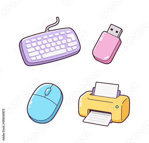 Cute candy-colored computer hardware icons set including keyboard, USB flash drive, mouse, and desktop printer isolated on white.