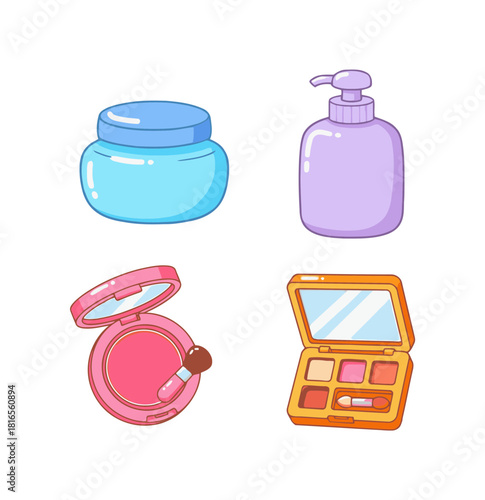 Set of cute candy-colored beauty and cosmetic icons: moisturizing cream jar, lotion pump bottle, pink blush, and eyeshadow palette.