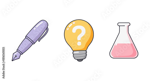 Creative Candyland Pastel Knowledge and Science Icons: Fountain Pen, Idea Light Bulb with Question Mark, and Flask