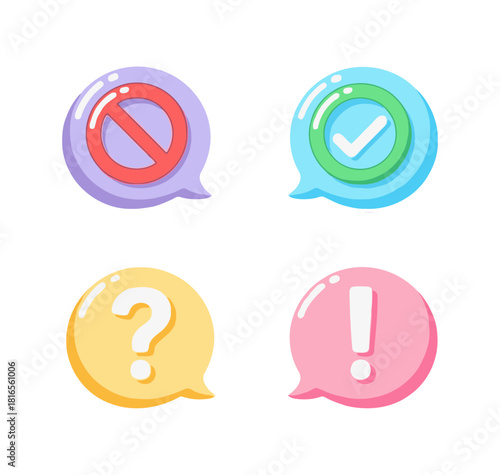 Sweet Candyland Pastel Bubble Speech Icon Set Showing Communication Status: Stop, Checkmark, Question Mark, and Exclamation Mark