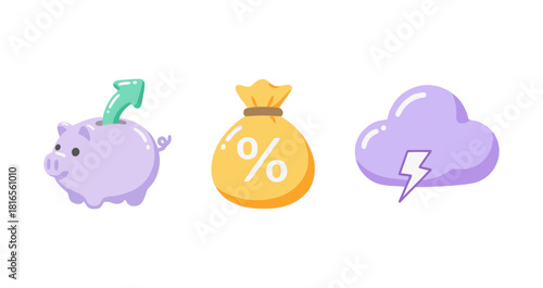 Sweet Candyland Pastel Finance and Investment Icons: Piggy Bank, Money Bag with Percent Sign, and Cloud with Lightning Bolt