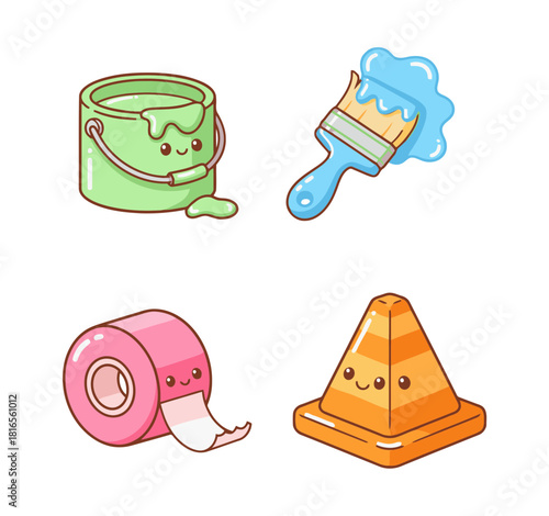 Cute and Kawaii Candyland Style Construction Tools and DIY Equipment Vector Icons Set for Projects and Apps