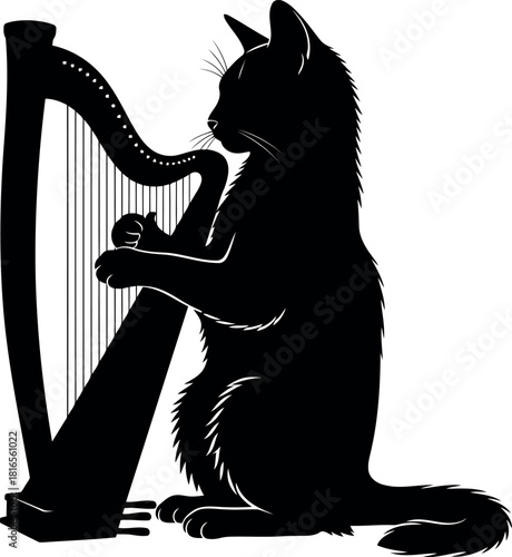 Black cat playing harp silhouette