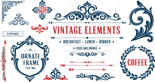 Vintage decorative scrolls and ornate frame elements with classic calligraphic swirls, floral swashes and motifs, suitable for wedding invitations, greeting cards, menus, royal certificates design 