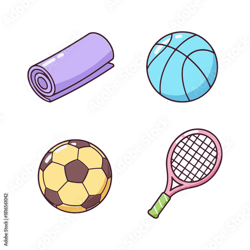 Cheerful Candyland Pastel Sports and Fitness Equipment Icons: Yoga Mat, Basketball, Soccer Ball, and Tennis Racket