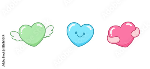 Adorable Candyland Pastel Heart Icons with Wings and Happy Face Representing Love, Affection, and Romance