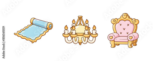 Luxurious Candyland Pastel Royal Furniture Icons: Rolled Rug, Chandelier, and Pink Throne Chair