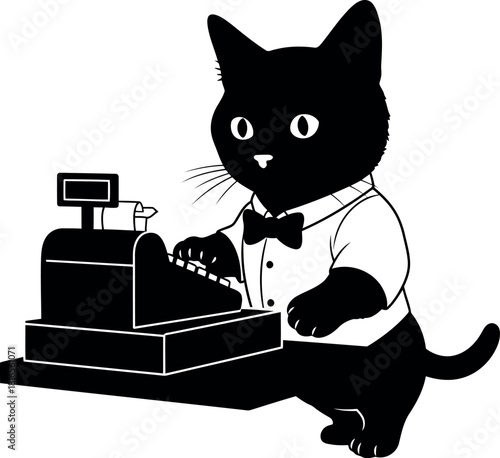 Black cat cashier at vintage register
