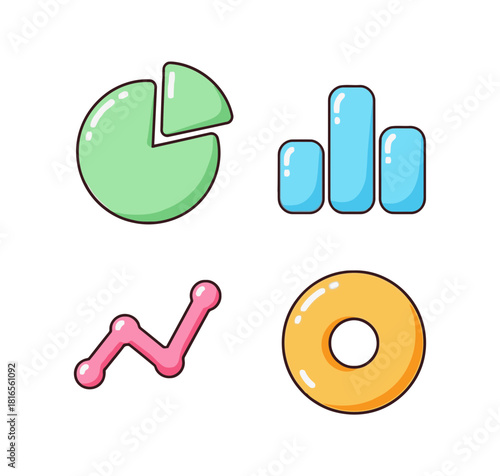 Cheerful Candyland Pastel Business Chart and Graph Icons Set: Pie, Bar, Line, and Donut Charts for Data Analysis