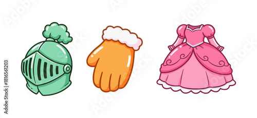 Cute Candyland Pastel Medieval Fantasy Costume Icons: Knight Helmet, Mittens, and Princess Dress