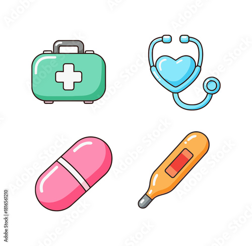 Adorable Candyland Pastel Healthcare and Medical Icons: First Aid Kit, Stethoscope, Pill Capsule, and Thermometer
