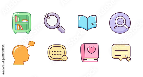 Adorable Candyland Pastel Learning and Knowledge Icons Set: Bookshelf, Magnifier, Open Book, and Thinking Head