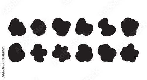 Liquid organic blobs with abstract irregular round shapes, soft oval patterns, wavy doodle curves, splodge stains, geometric frames, random bubble elements, minimal vector textures, modern cute retro