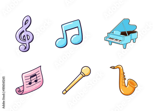 Cheerful Candyland Pastel Musical Instrument Icons: Treble Clef, Note, Piano, Sheet Music, Baton, and Saxophone