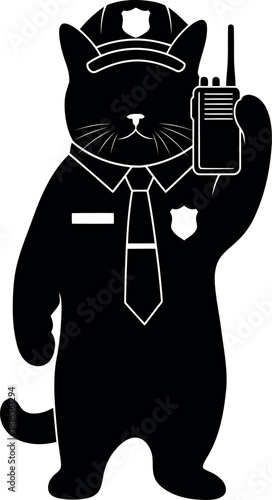 Cute cat police officer silhouette with walkie talkie