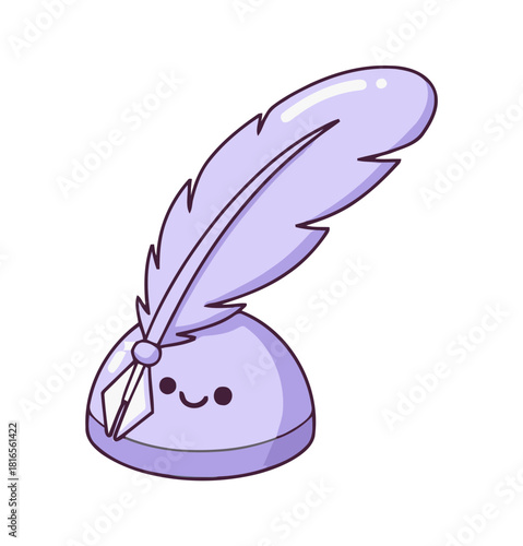 Single Cute Candyland Pastel Quill Pen in Inkwell Icon with Happy Face for Writing and Communication