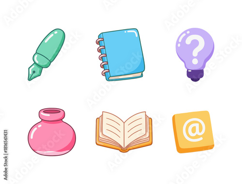 Adorable Candyland Pastel Education and Study Icons Set: Pen, Notebook, Idea Bulb, Ink Pot, Open Book, and Mail Symbol