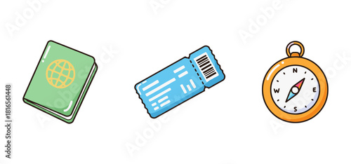 Adorable Candyland Pastel Travel and Navigation Icons: Passport, Airline Ticket, and Compass for Tourism