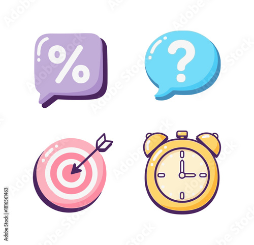Sweet Pastel Color Business Communication and Time Management Icon Set: Target, Alarm Clock, Percentage Bubble, and Question Mark