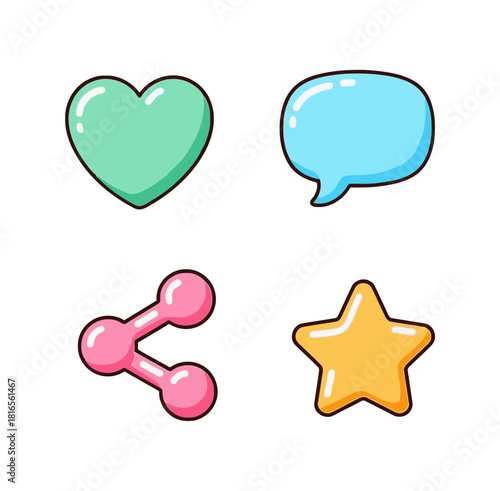 Sweet Candyland Pastel Social Media Interface Icons: Heart, Chat Bubble, Share Symbol, and Star Rating