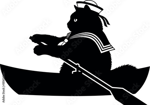 Cat sailor rowing kayak silhouette