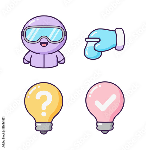 Kawaii Pastel Color Medical Worker, Safety Glove, and Idea Light Bulb Icon Set for Health and Innovation Concepts