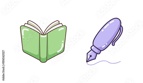 Cute Kawaii Stationery Icons: Open Book and Fountain Pen Drawing Line in Sweet Pastel Candy Color Style