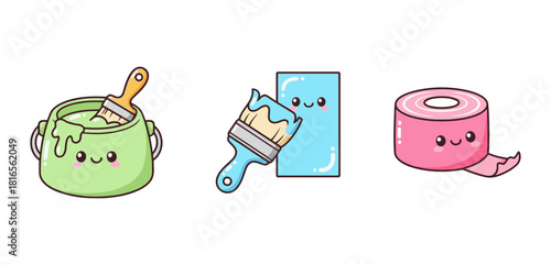 Cute Kawaii Painting and Decorating Tools: Paint Bucket, Brush on Wall, and Pink Adhesive Tape Roll in Pastel Colors