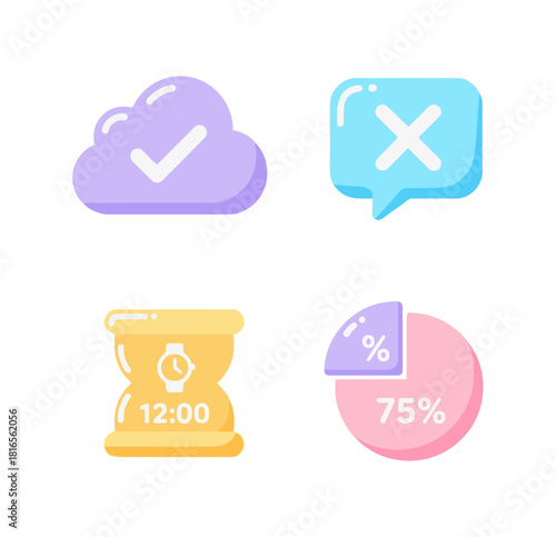Data and Status Icons: Cloud Checkmark, Error Chat Bubble, Time Hourglass, and Percentage Pie Chart in Kawaii Style