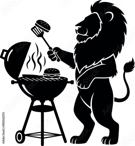 Lion grilling burger at bbq