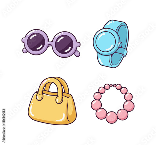 Adorable Fashion and Accessory Icons: Sunglasses, Watch, Handbag, and Necklace in Cute Kawaii Pastel Style