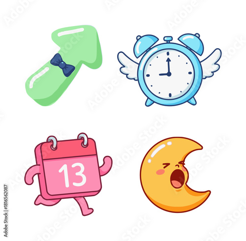 Time and Calendar Related Kawaii Icons: Bow Tie Arrow, Winged Clock, Running Calendar, and Yawning Moon in Candy Colors