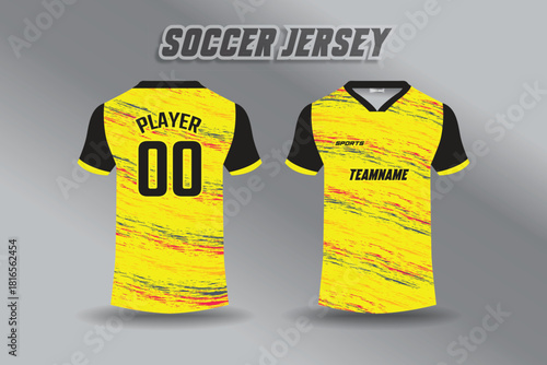 Yellow and black soccer jersey design with grunge pattern, front and back view