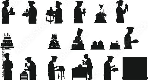 Chef cake decorating silhouettes, bakery presentation poses, piping bag action, culinary art, dessert design, professional cooking, celebration food, flat vector illustration