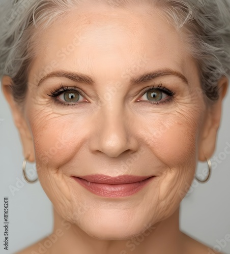 Close-up of attractive gorgeous senior middle-aged 60 years-old woman face wearing make-up , age gracefully with natural beauty